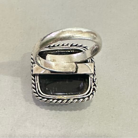 Black agate gemstone ring 925 silver overlay adjustable - Picture 3 of 6